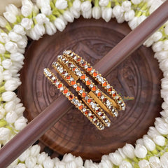 Vriksham Traditional Diagonal Orange & White Gold Enamel Silk Thread Kundan Bangles-G20861
