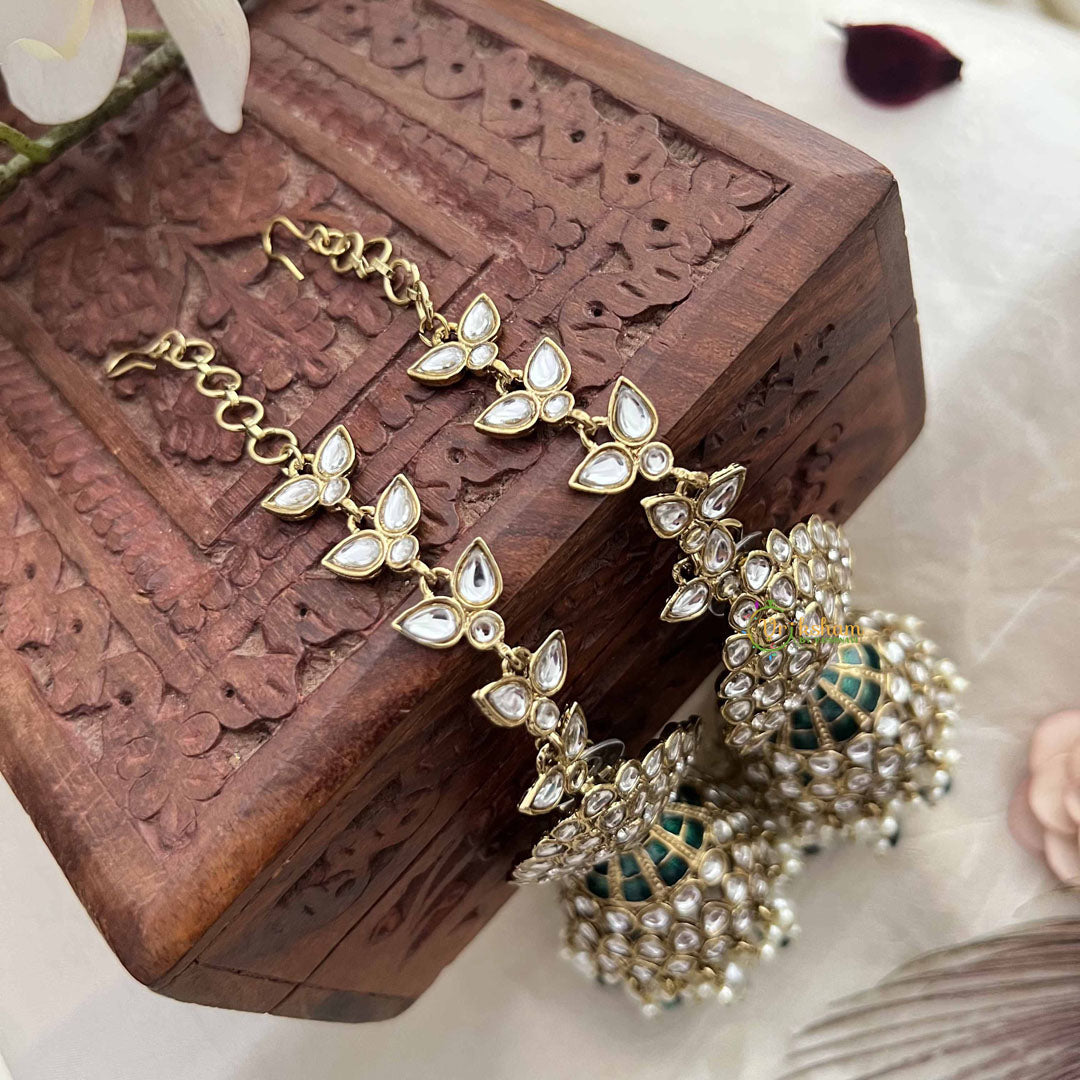 Vriksham Bridal Green Minakari Kundan With Green & White Pearls Jhumka & Earchain-G20123