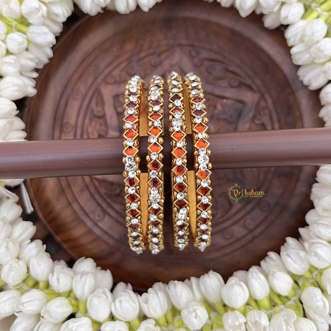 Vriksham Traditional Diagonal Orange & White Gold Enamel Silk Thread Kundan Bangles-G20861