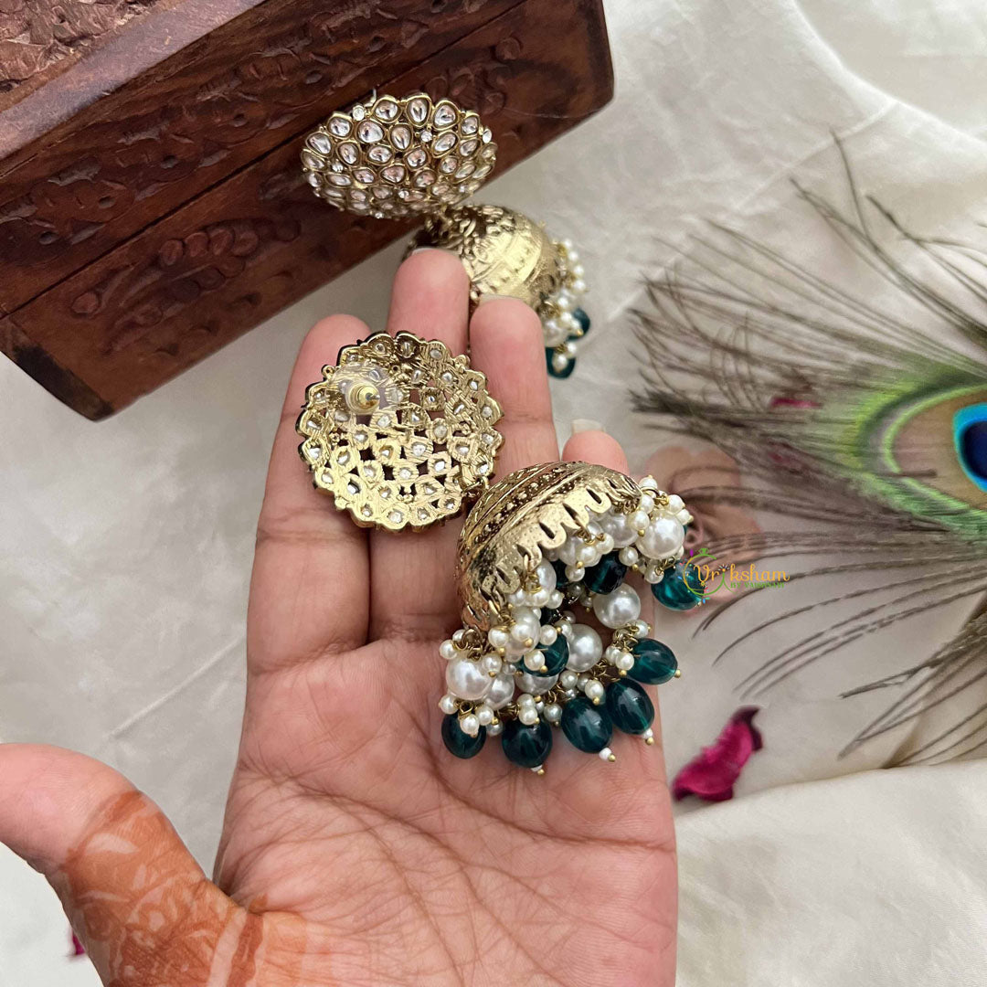 Vriksham Traditional Minakari Golden Dome With Green Beads & Pearls Jhumka-G20118