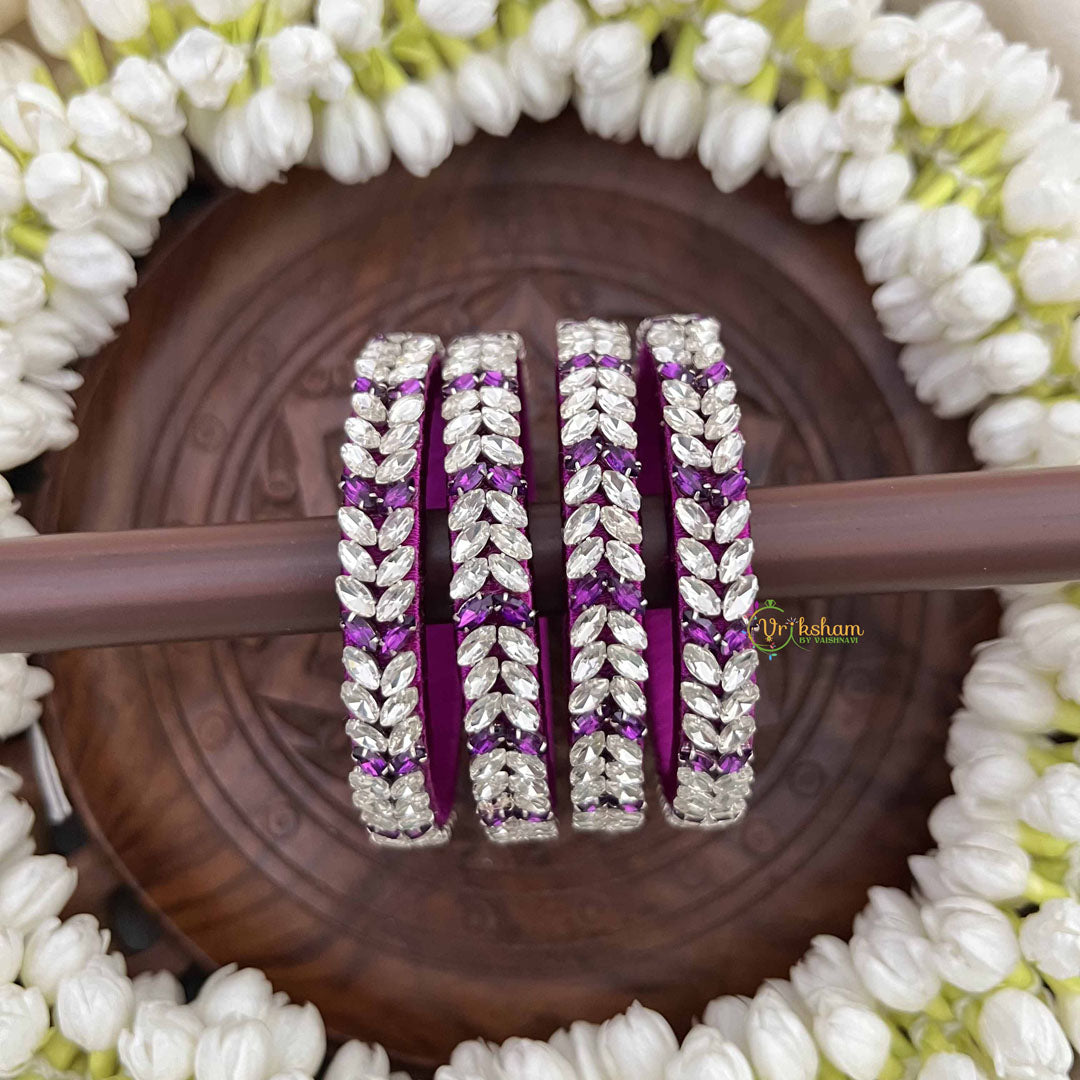 Vriksham Leaf Style Lavender & White Gold Enamel Silk Thread Kundan Bangles-G20863