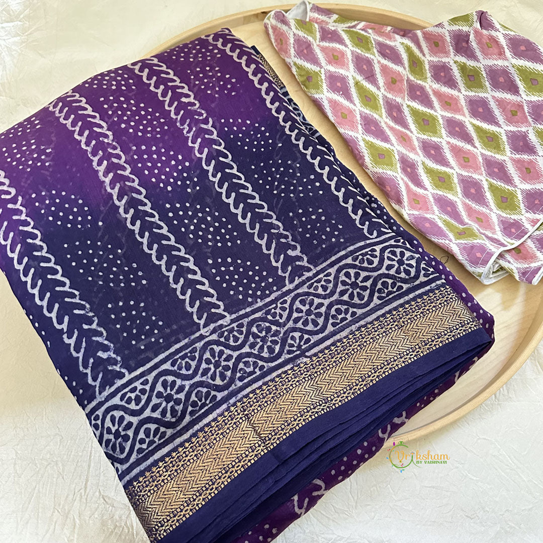 Purple and Blue Maheshwari Cotton Silk Saree -Handloom Maheshwari Saree-VS3637