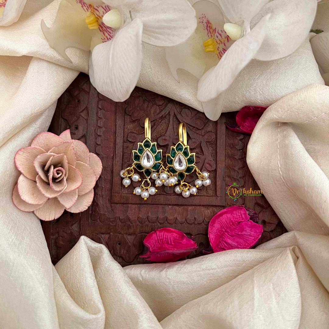 Vriksham Lotus Leaf Style Kundan Pearls Drop Jadau Bugadi-Green White-J4156