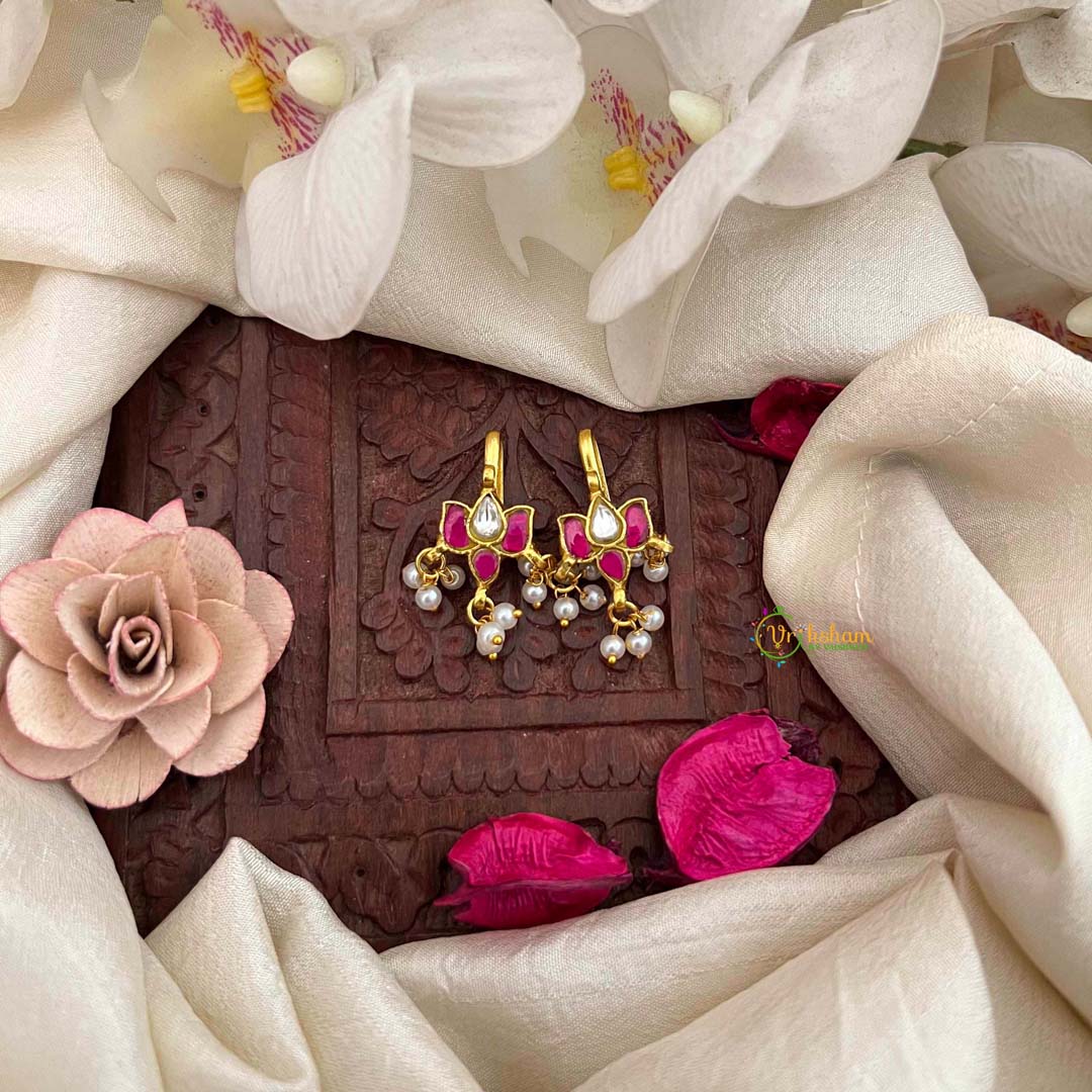 Vriksham Lotus Foral Style With Pearls Drop Kundan Jadau Bugadi-White Red-J4176