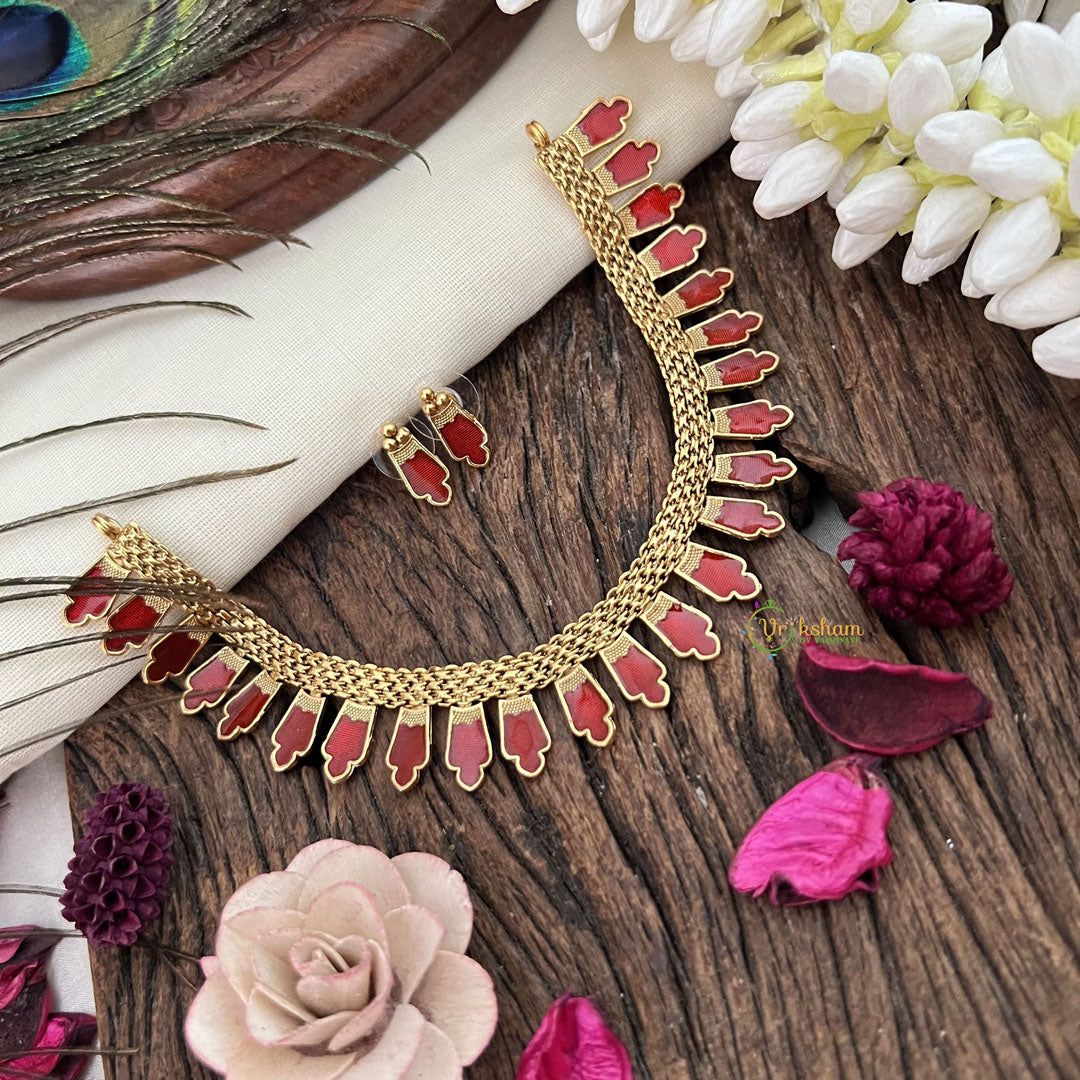 Gold Look Alike Kerala Palakka Short Neckpiece-Red-G15341