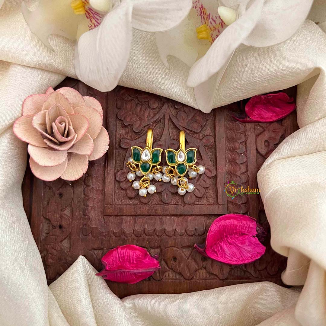 Vriksham Lotus Foral Style With Pearls Drop Kundan Jadau Bugadi-White Green-J4177