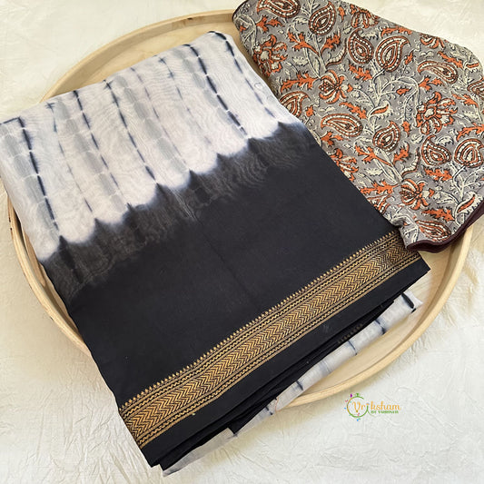 White with Deep Blue Maheshwari Cotton Silk Saree -Handloom Maheshwari Saree-VS3640