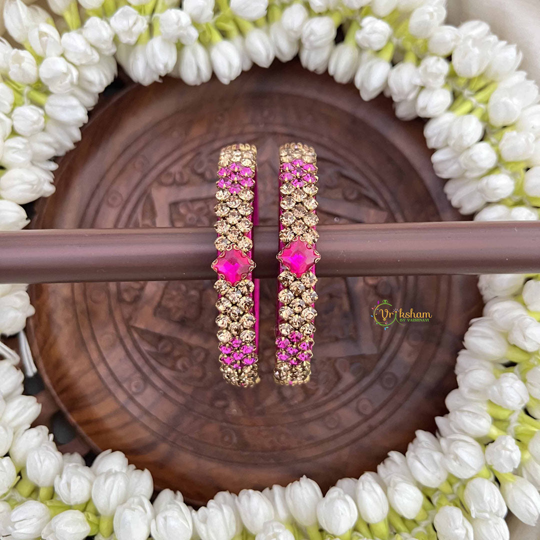 Vriksham Pink  Floral & Zigzag Stone Golden Detailing Bangles-G20868