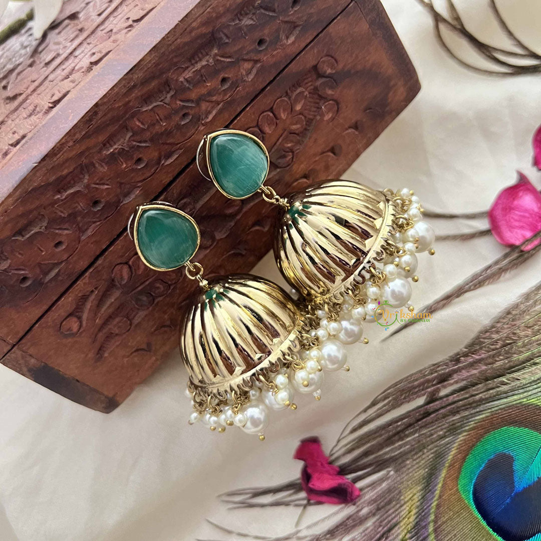 Vriksham Teardrop Green With Golden Dome & White Pearls Jhumka-G20122