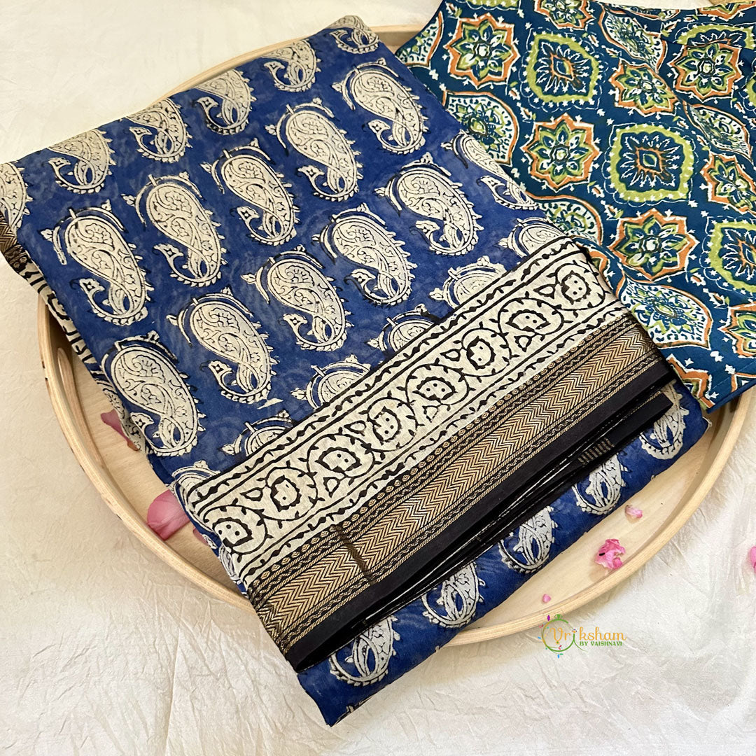 Dark Blue Maheshwari Cotton Silk Saree -Handloom Maheshwari Saree-VS3642