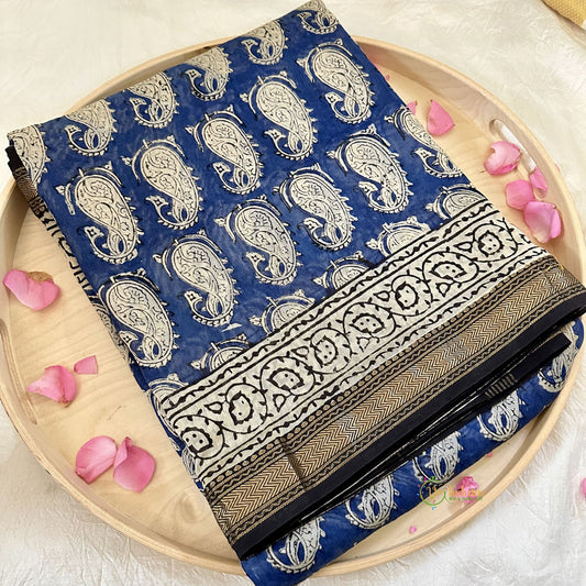 Dark Blue Maheshwari Cotton Silk Saree -Handloom Maheshwari Saree-VS3642