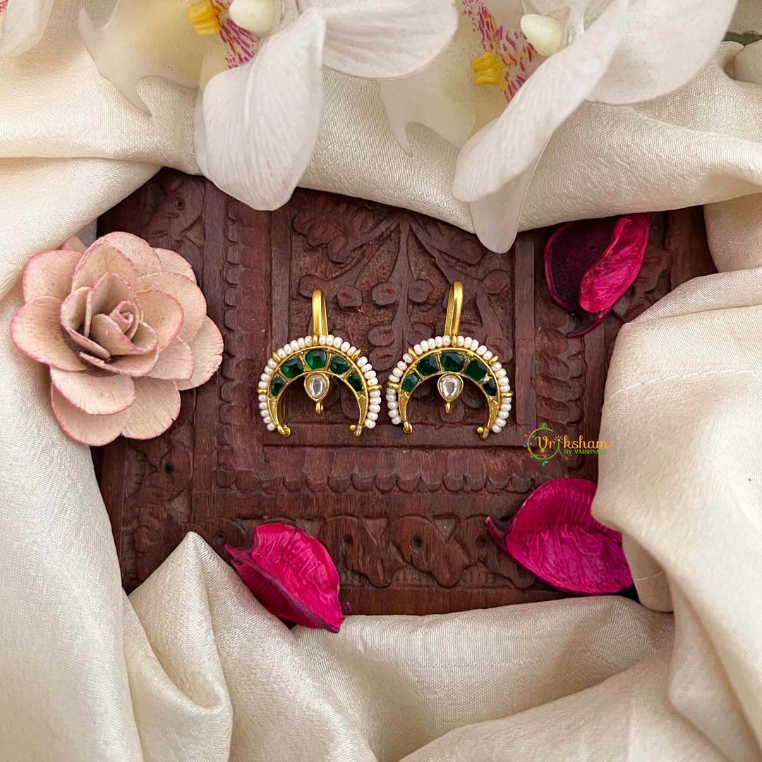 Vriksham Half Moon & Pear Drop Style Kundan Jadau Bugadi-White Green-J4180