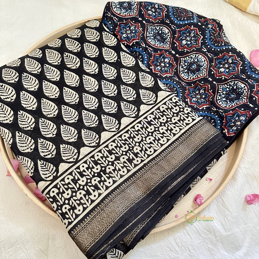 Black and White Maheshwari Cotton Silk Saree -Handloom Maheshwari Saree-VS3643