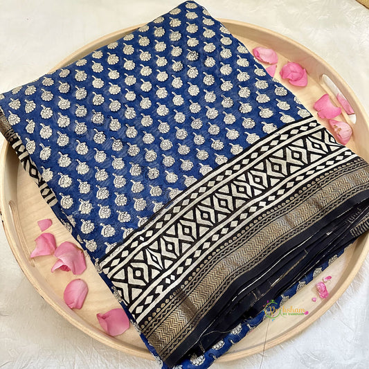 Dark Blue with Black Maheshwari Cotton Silk Saree -Handloom Maheshwari Saree-VS3646