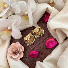 Vriksham Elegant Gold Drop Kundan Jadau With Pearl Cluster Bugadi-Mismatch-Red White & Green-J4132