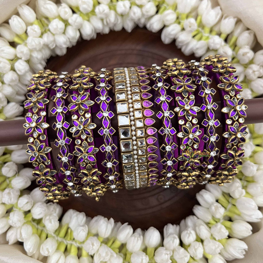 Vriksham Designer Floral  Gold-Toned Crystal Bridal Bangles Set-Blue-G20904