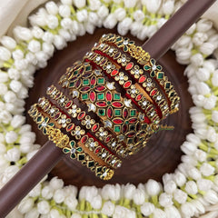 Vriksham Classic Gold Lakshmi & Floral Diya Bridal Bangles Set-Red Green-G20906