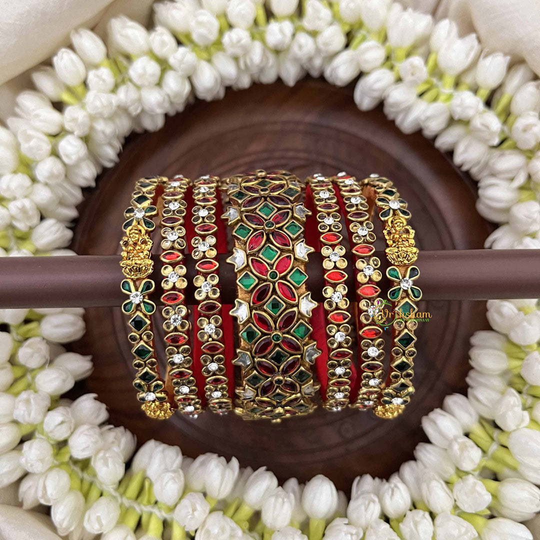Vriksham Classic Gold Lakshmi & Floral Diya Bridal Bangles Set-Red Green-G20906