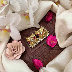 Vriksham Elegant Gold Drop Kundan Jadau With Pearl Cluster Bugadi-Mismatch-Red White-J4131