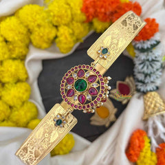 Vriksham Elegant Round Floral Antique Gold Finish Floral Leaf Hipblet-Red Bead-G22220