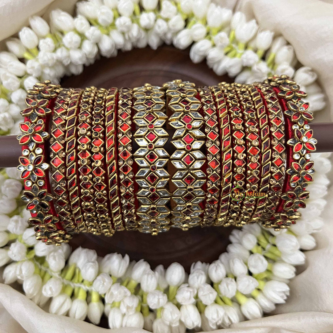 Vriksham Traditional Floral & Diagonal Style Bridal Bangles Set-Red-G20909