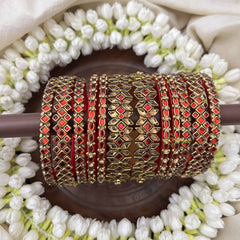 Vriksham Elegant Floral & Diagonal Style Bridal Bangles Set-Red-G20910
