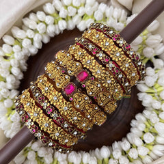 Vriksham God Blessing Lakshmi & Lotus Floral Style Bridal Bangles Set-Pink-G20911