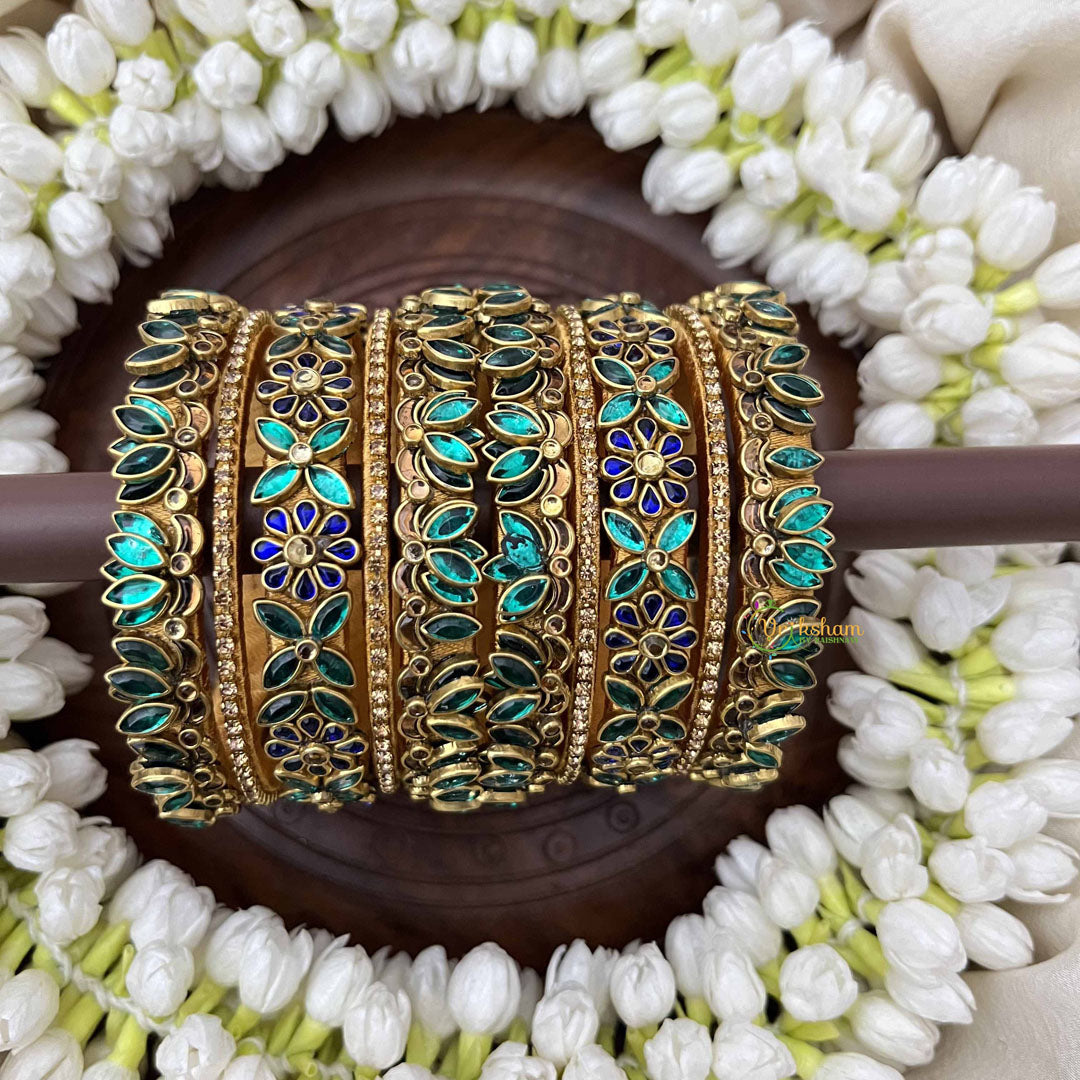 Vriksham Premium Aqua Sky Blue Floral Lotus Floral Style Bridal Bangles Set-Blue-G20912