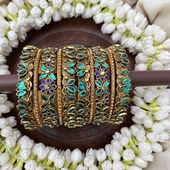 Vriksham Premium Aqua Sky Blue Floral Lotus Floral Style Bridal Bangles Set-Blue-G20912