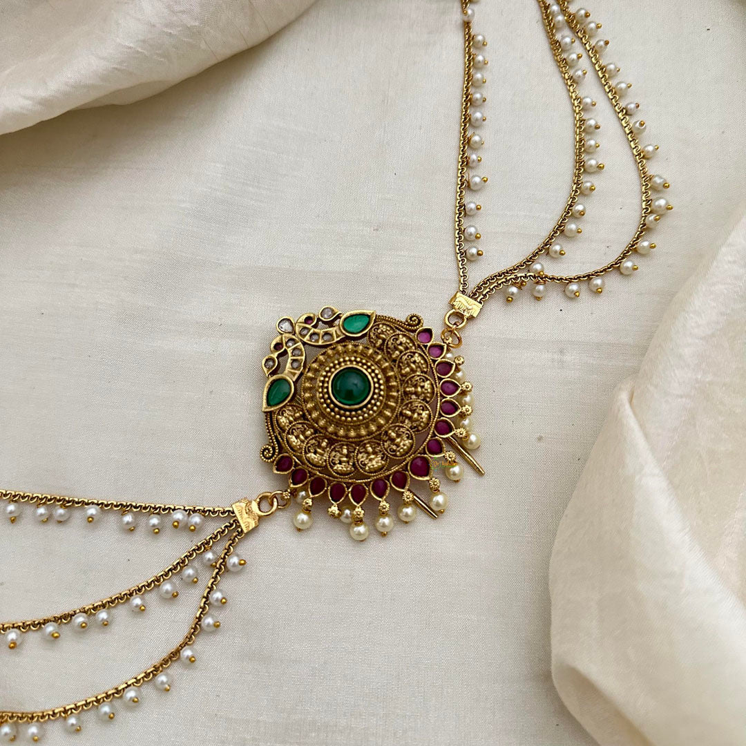 Gold Alike Lakshmi Jada Billai with Pearl Maatil-Bun Billai-Red Green-G13149