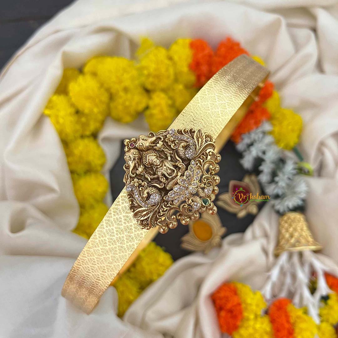 Vriksham Divine Gaj Lakshmi AD Stone Pendant With Honeycomb Texture Hipblet-Gold Bead-G22223