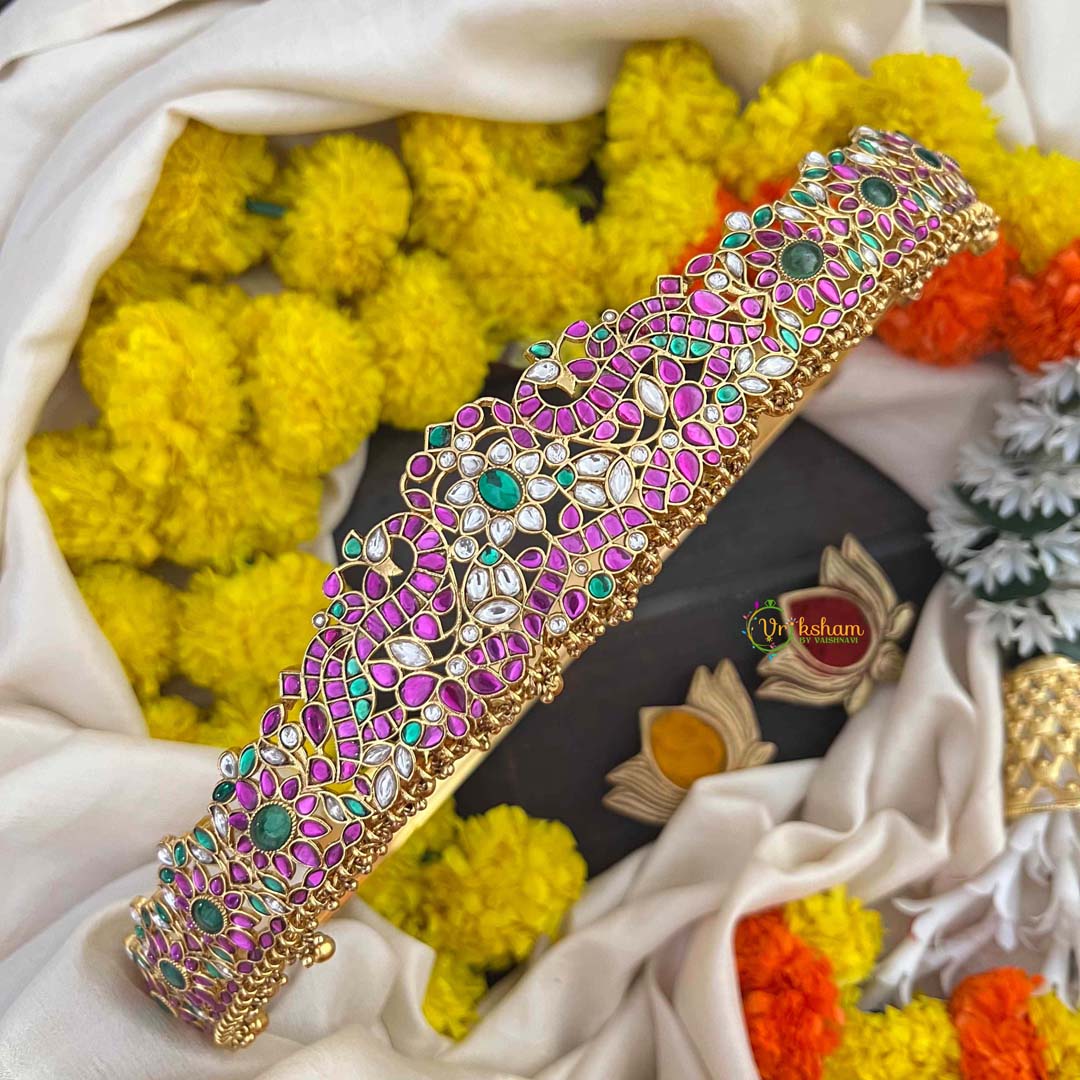 Vriksham Antique Gold Finish Peacock & Floral Bridal Hipblet-Red Green & White-Gold Bead-G22215