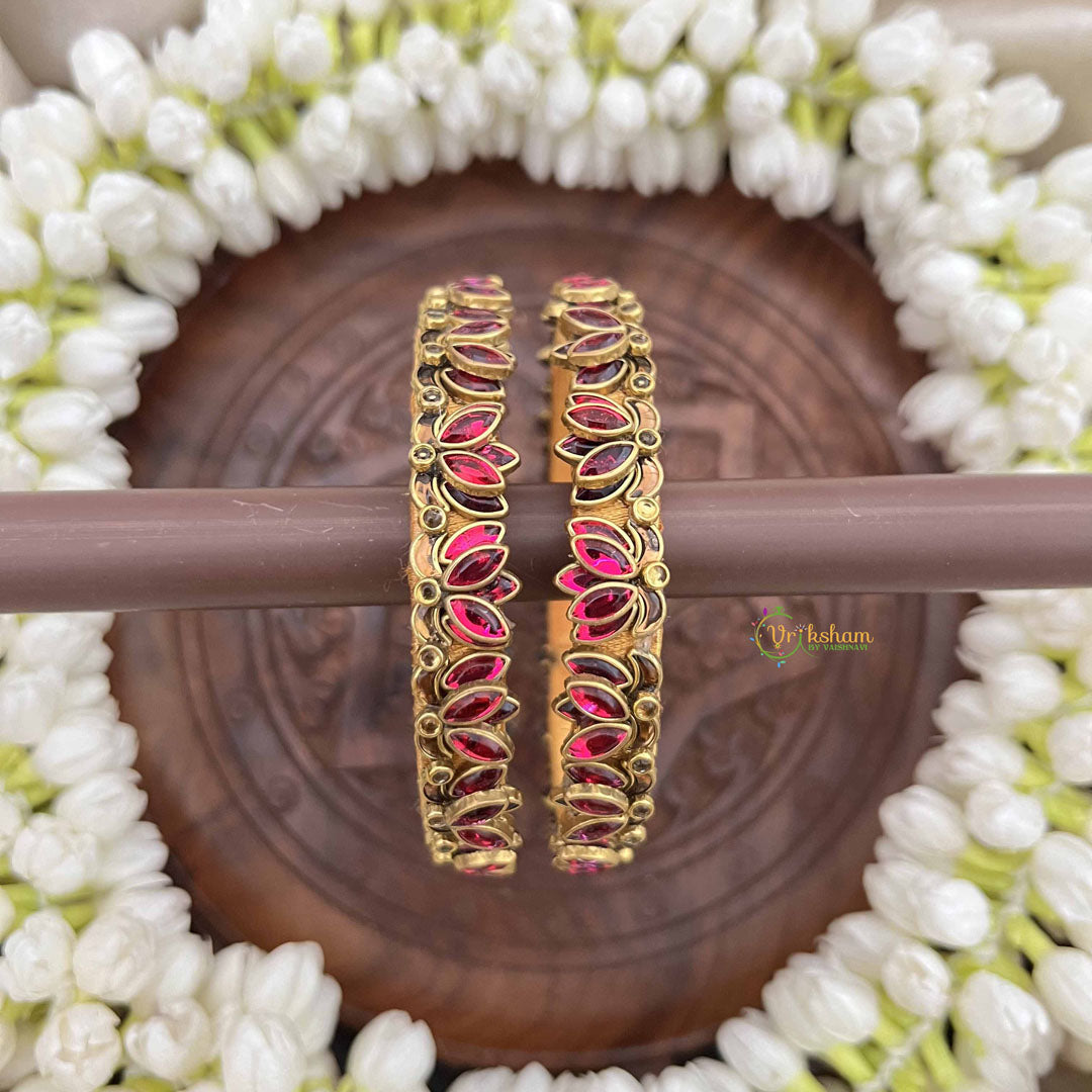 Vriksham Designer Lotus Leaf Crystal Detailing Bangles-Pink-G20873