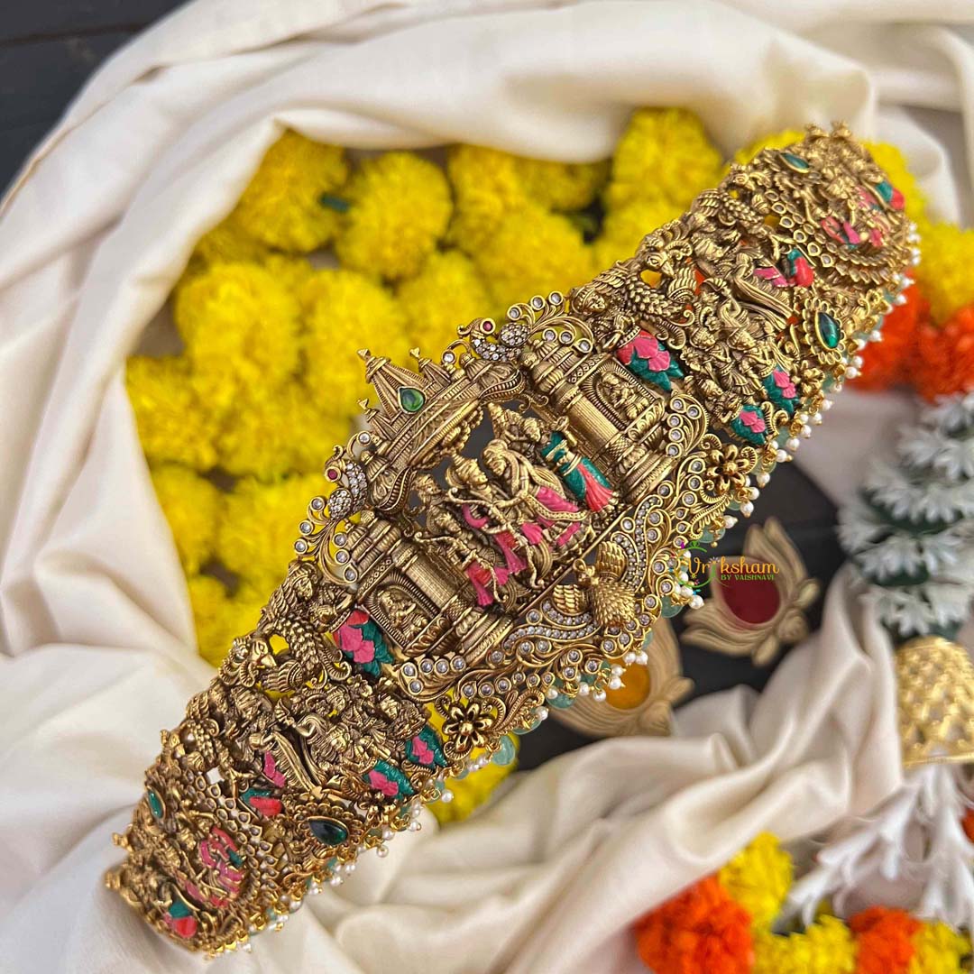 Vriksham Divine Mandapam Style Radha Krishna In Matte Gold Finish Enamel Bridal Hipblet-Green Bead-Pearls-G22218