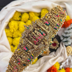 Vriksham Divine Mandapam Style Radha Krishna In Matte Gold Finish Enamel Bridal Hipblet-Green Bead-Pearls-G22218