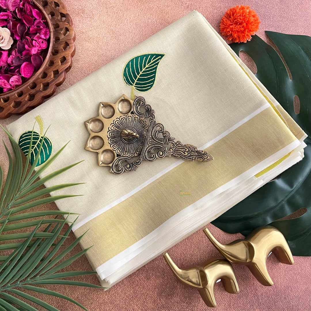 Sandal Color Kasavu Tissue Cotton Saree Embroidered-VS3458