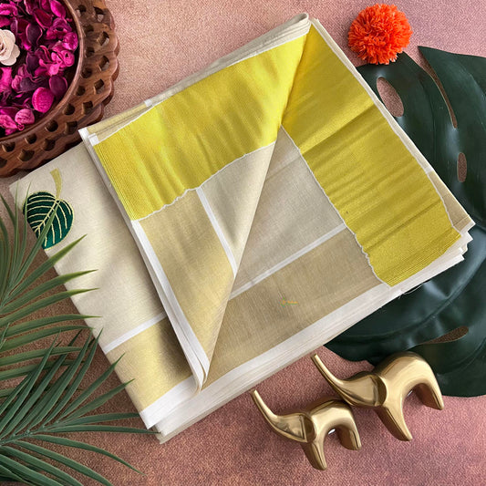 Sandal Color Kasavu Tissue Cotton Saree Embroidered-VS3458