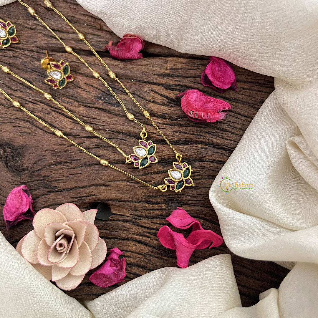 Vriksham Premium AD Stone Pendant Chain Neckpiece-Red White & Green Lotus -G18506