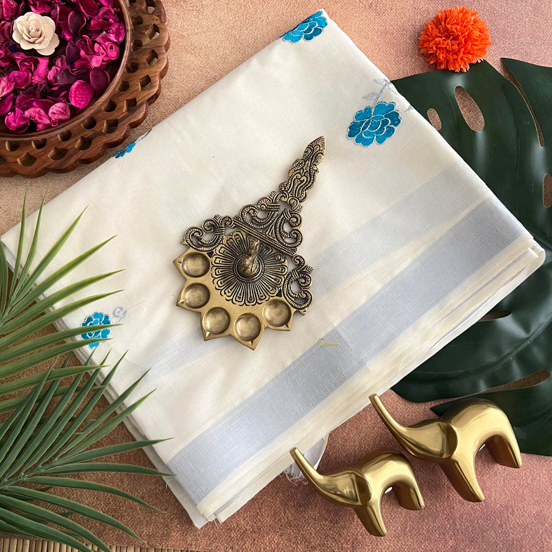 Kasavu Tissue Cotton Saree Embroidered-VS3460