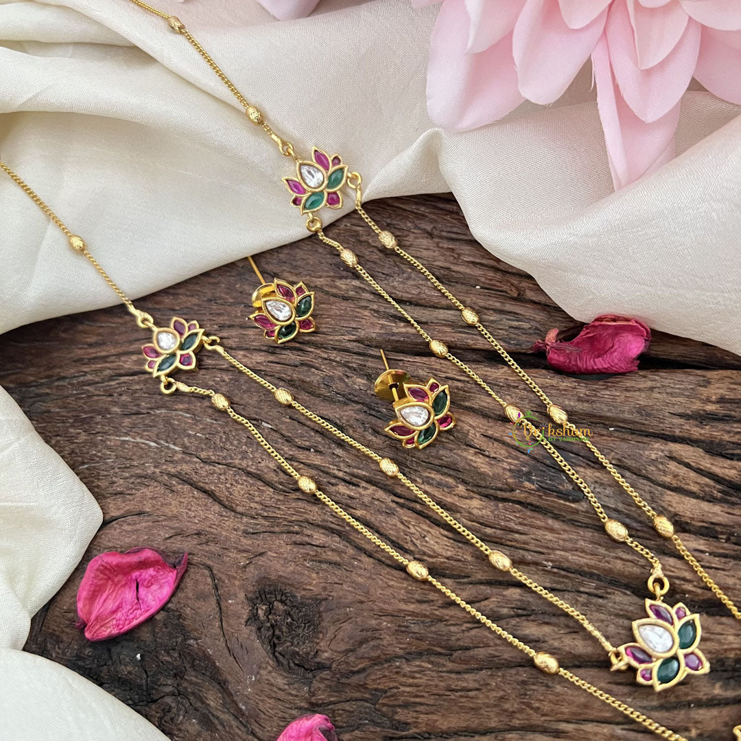 Vriksham Premium AD Stone Pendant Chain Neckpiece-Red White & Green Lotus -G18506