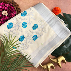 Kasavu Tissue Cotton Saree Embroidered-VS3460