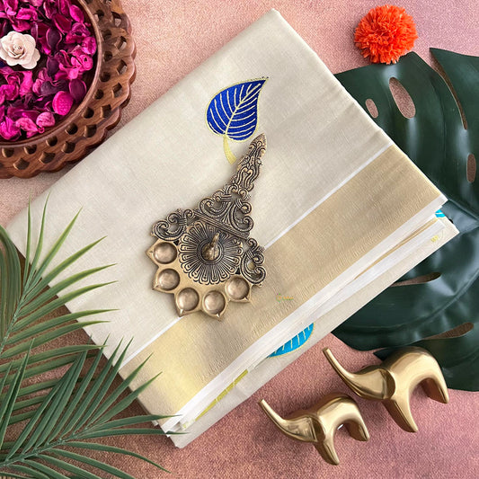 Sandal Color Kasavu Tissue Cotton Saree Embroidered-VS3459