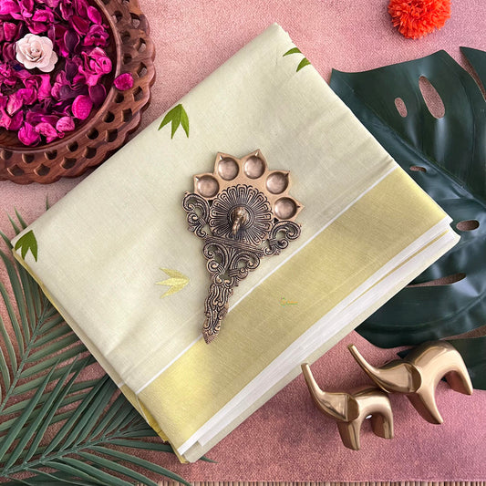 Golden Color Kasavu Tissue Cotton Saree Embroidered-Golden Zari Patti-VS3469