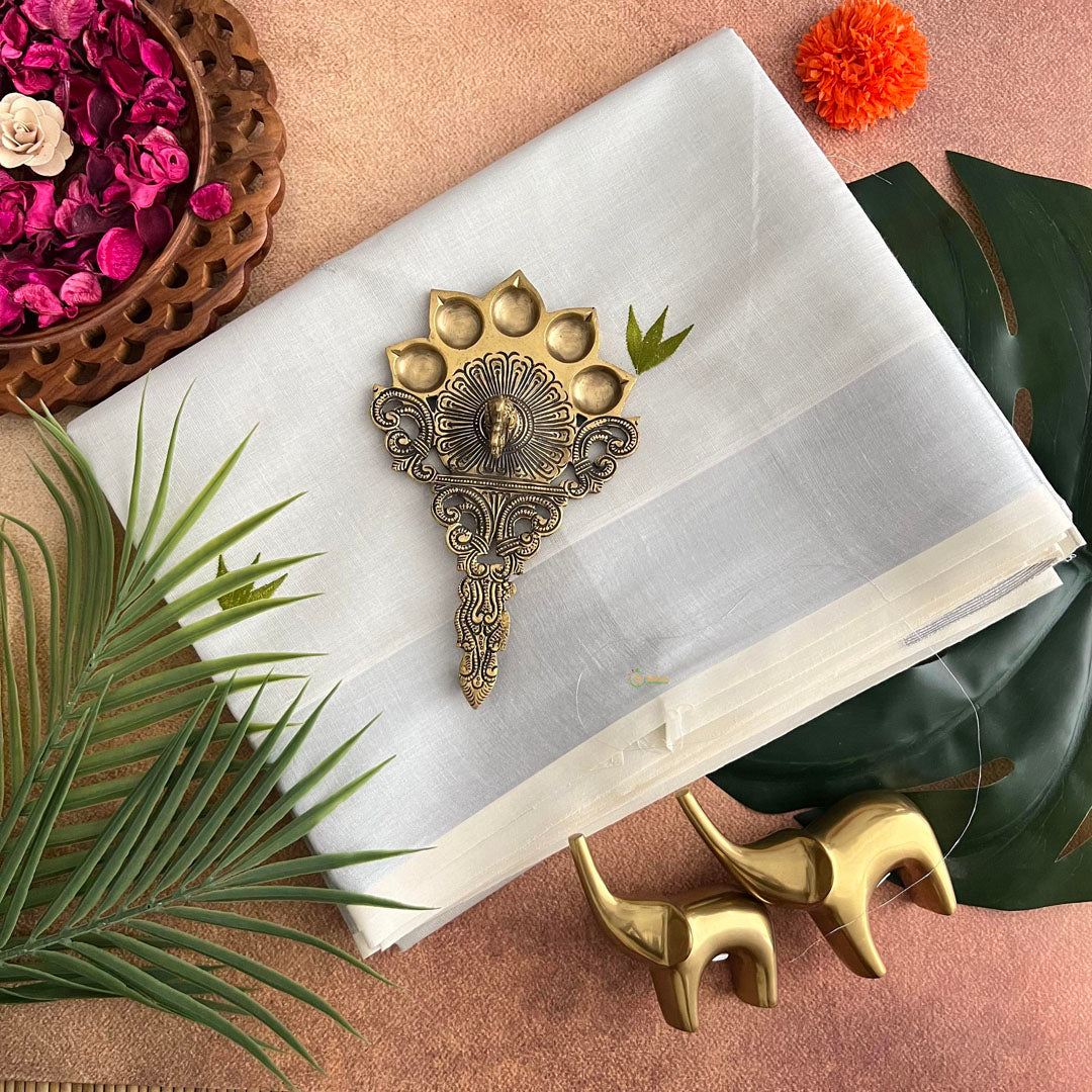 Silver Color Kasavu Tissue Cotton Saree Embroidered-VS3463