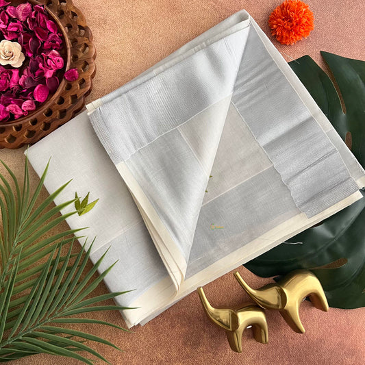 Silver Color Kasavu Tissue Cotton Saree Embroidered-VS3463