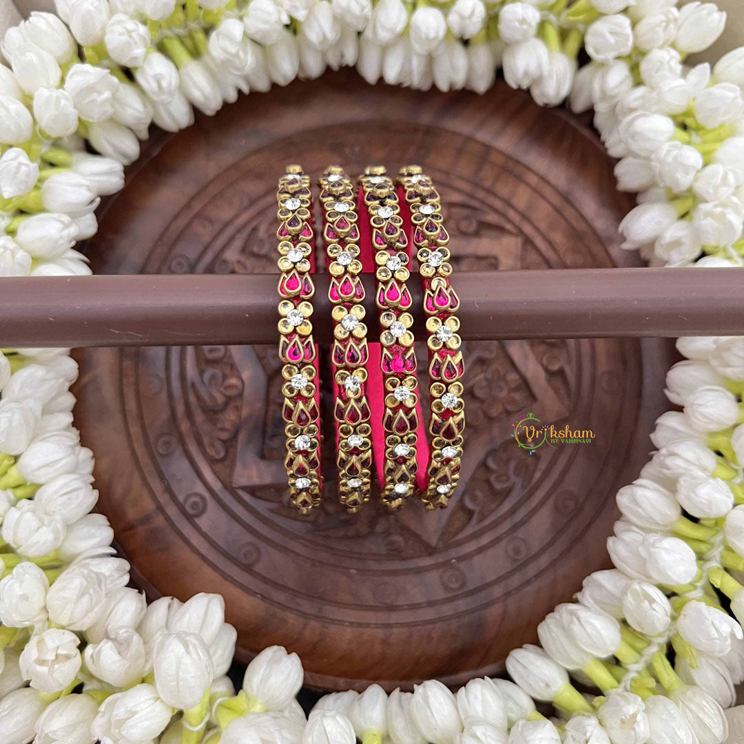 Vriksham Lotus & Floral Style Pink Golden Crystal Stone Bangles-G20880