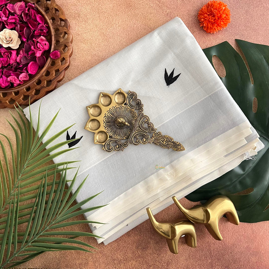 Silver Color Kasavu Tissue Cotton Saree Embroidered-VS3464