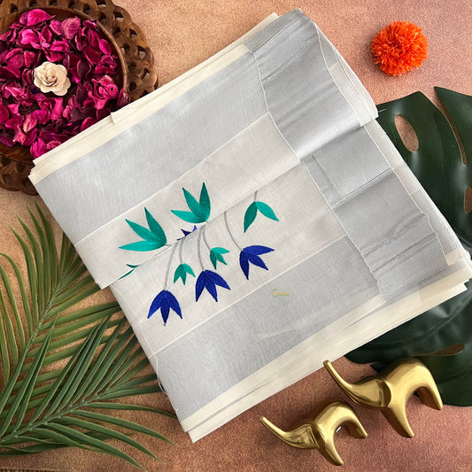 Silver Color Kasavu Tissue Cotton Saree Embroidered-VS3467