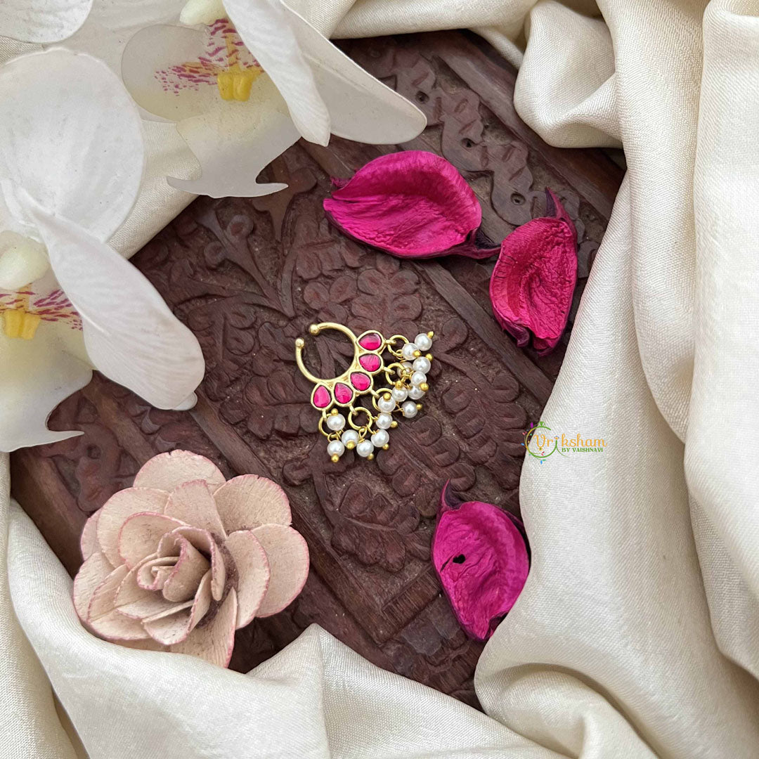 Vriksham Gold-Plated Red Kundan & Pearl Nose Septum-G20174