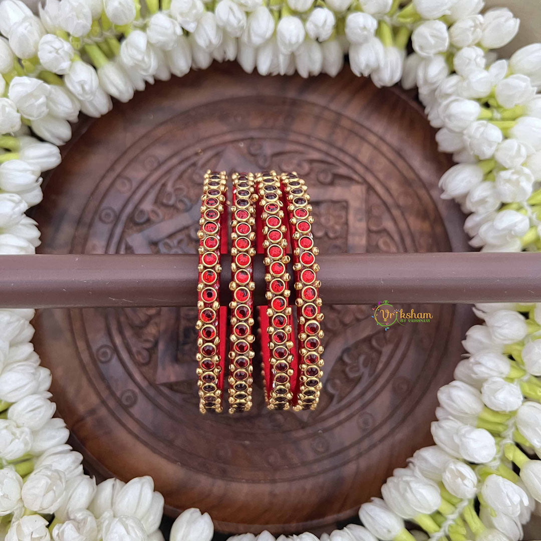 Vriksham Round Shape & Side Two Doted Gold-Toned Crystal Bangles-Red-G20896
